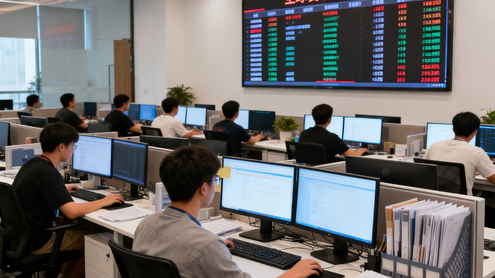 比分网广州总部办公室，开放式工位区坐满年轻的技术和运营人员，墙上大屏幕实时滚动显示全球赛事比分数据