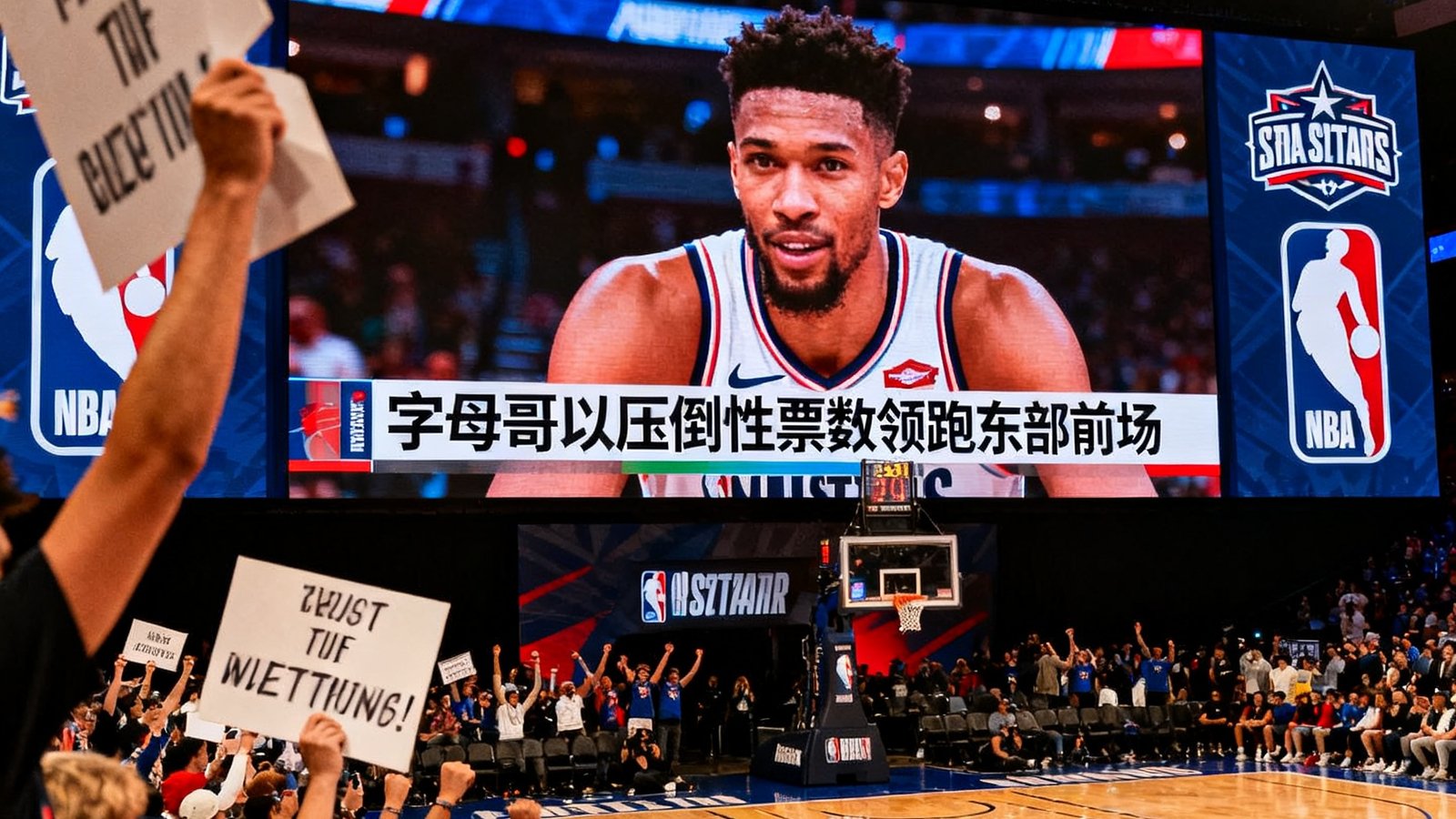 NBA官方公布全明星赛投票结果，大屏幕显示字母哥以压倒性票数领跑东部前场，球迷欢呼