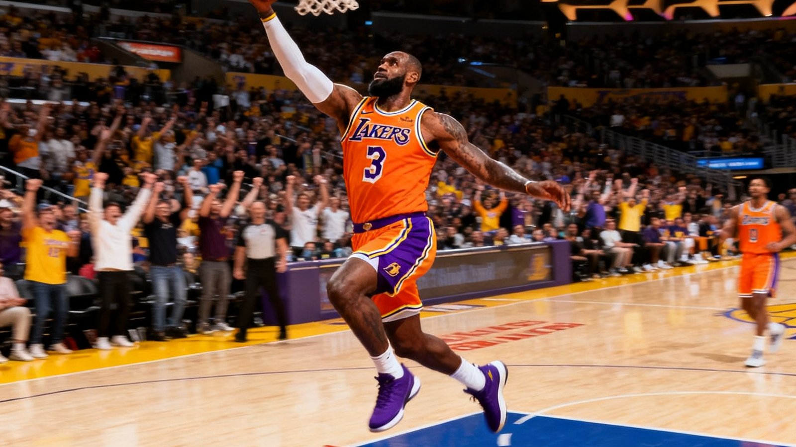 NBA常规赛中湖人队明星球员勒布朗·詹姆斯在快攻中飞身单手暴扣，背景是斯台普斯中心沸腾的观众席